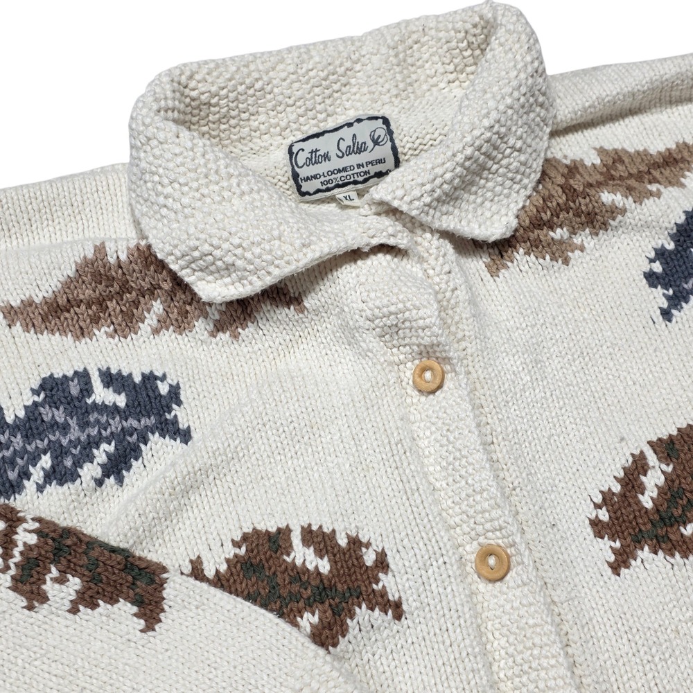 Cotton Salsa Cardigan Womens XL Cream Leaf‎ Pattern Hand Loomed Peru Cotton